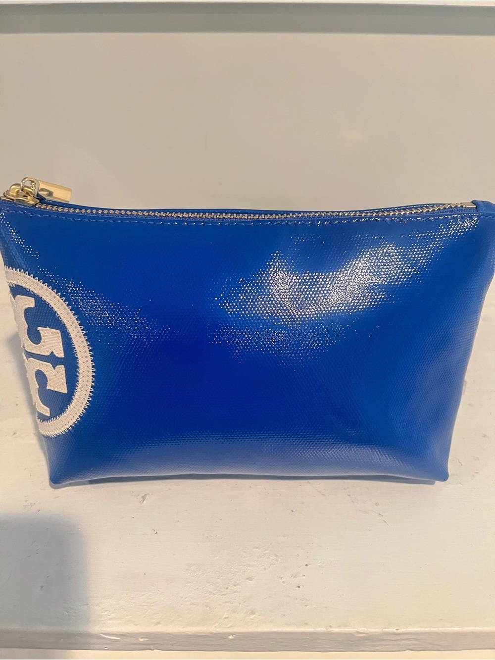 Tory Burch Royal Blue Patent Logo Zip Pouch
